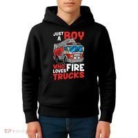 Kids Firefighter Just A Boy Who Loves Fire Trucks Kids Hoodie thumb 4