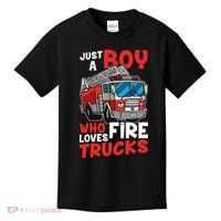 Kids Firefighter Just A Boy Who Loves Fire Trucks Kids T-Shirt thumb 0