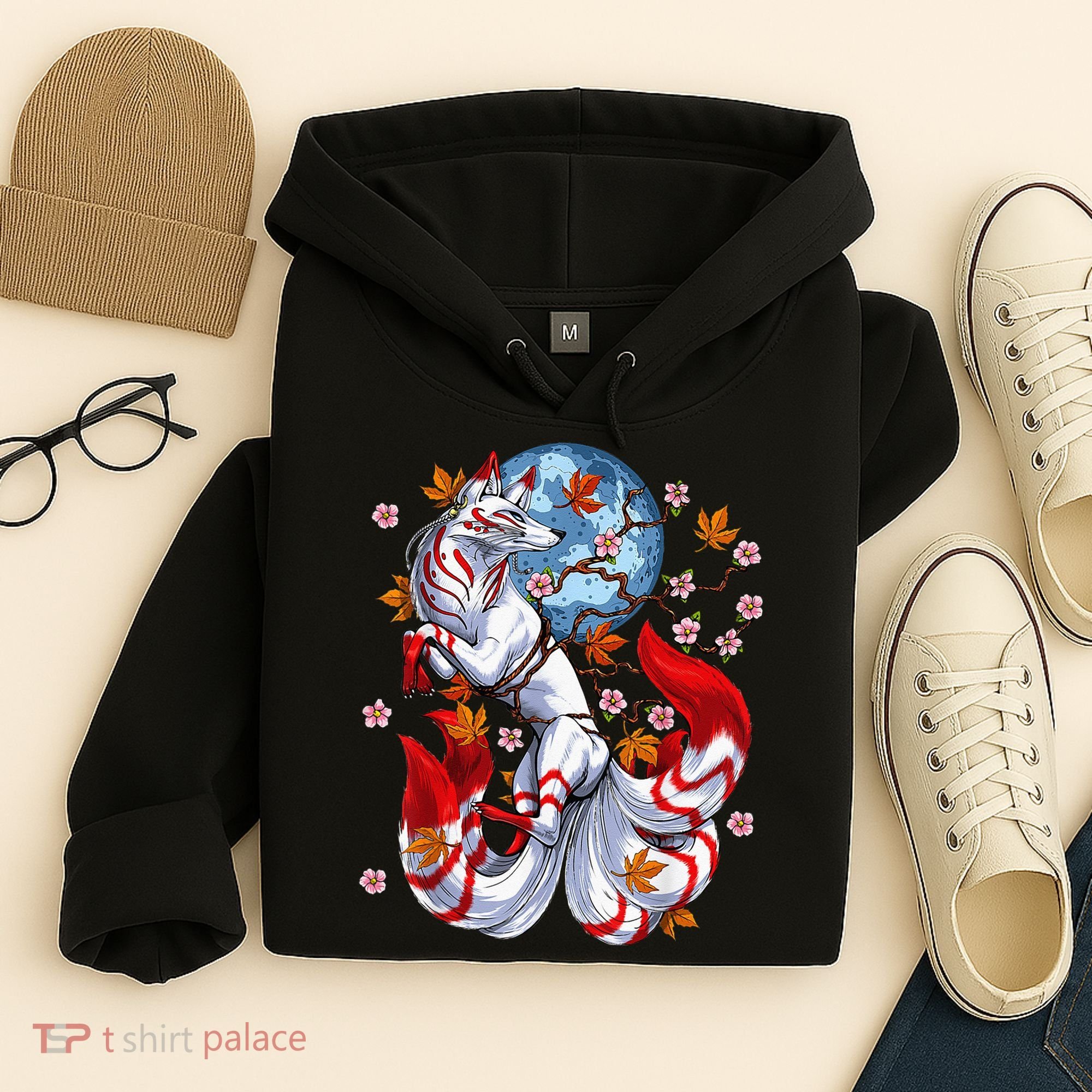 Kitsune Foxs Japanese Nine Tailed Foxs Cherrys Blossom Hoodie