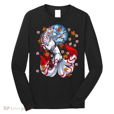 Kitsune Foxs Japanese Nine Tailed Foxs Cherrys Blossom Long Sleeve Shirt