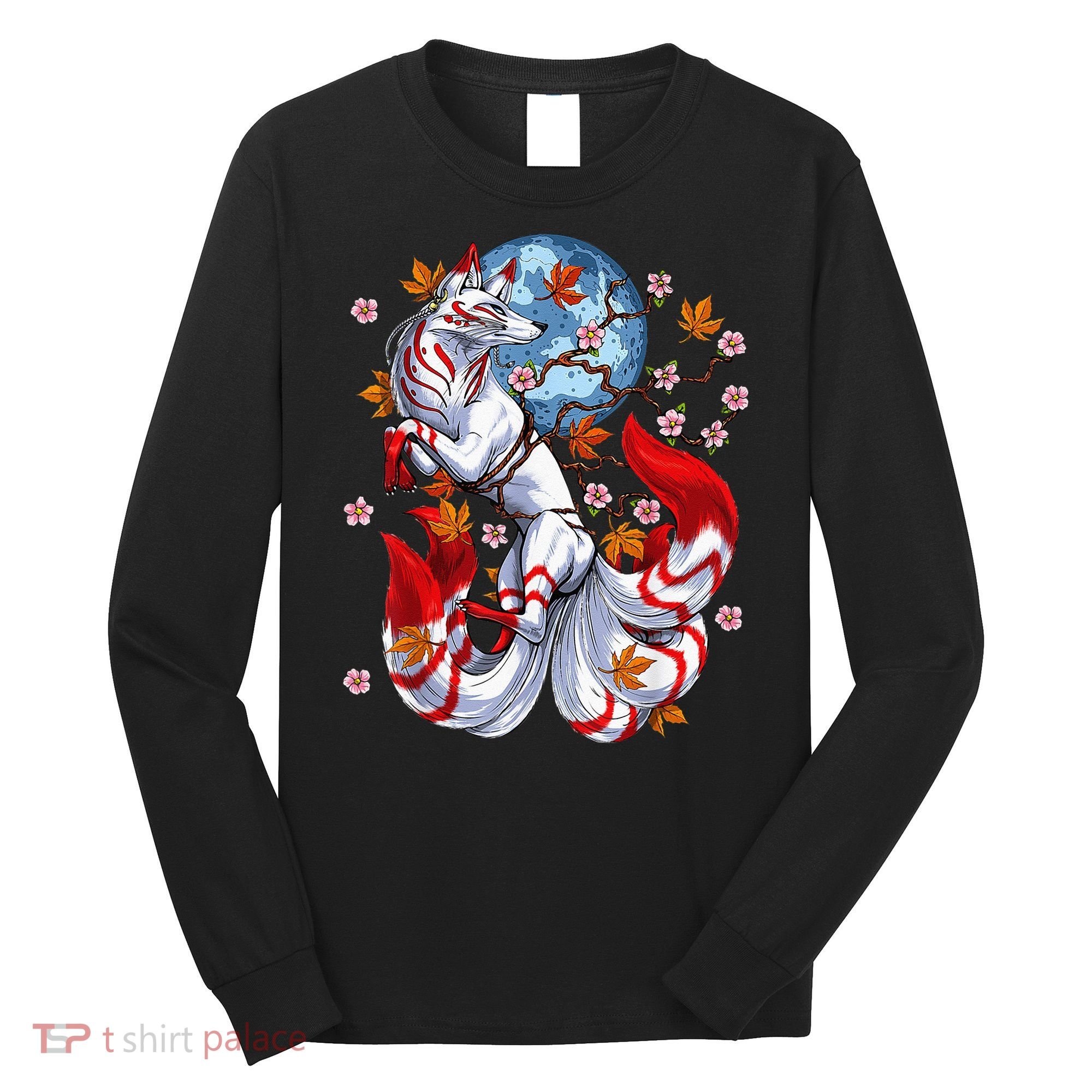 Kitsune Foxs Japanese Nine Tailed Foxs Cherrys Blossom Long Sleeve Shirt