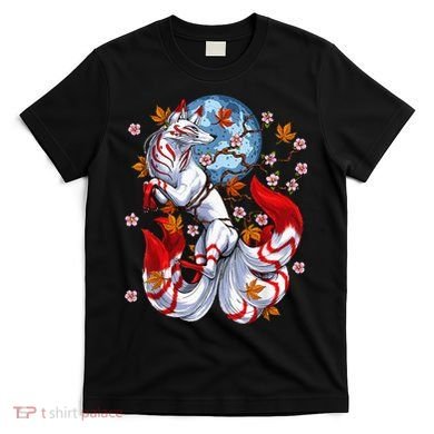 Kitsune Foxs Japanese Nine Tailed Foxs Cherrys Blossom T-Shirt