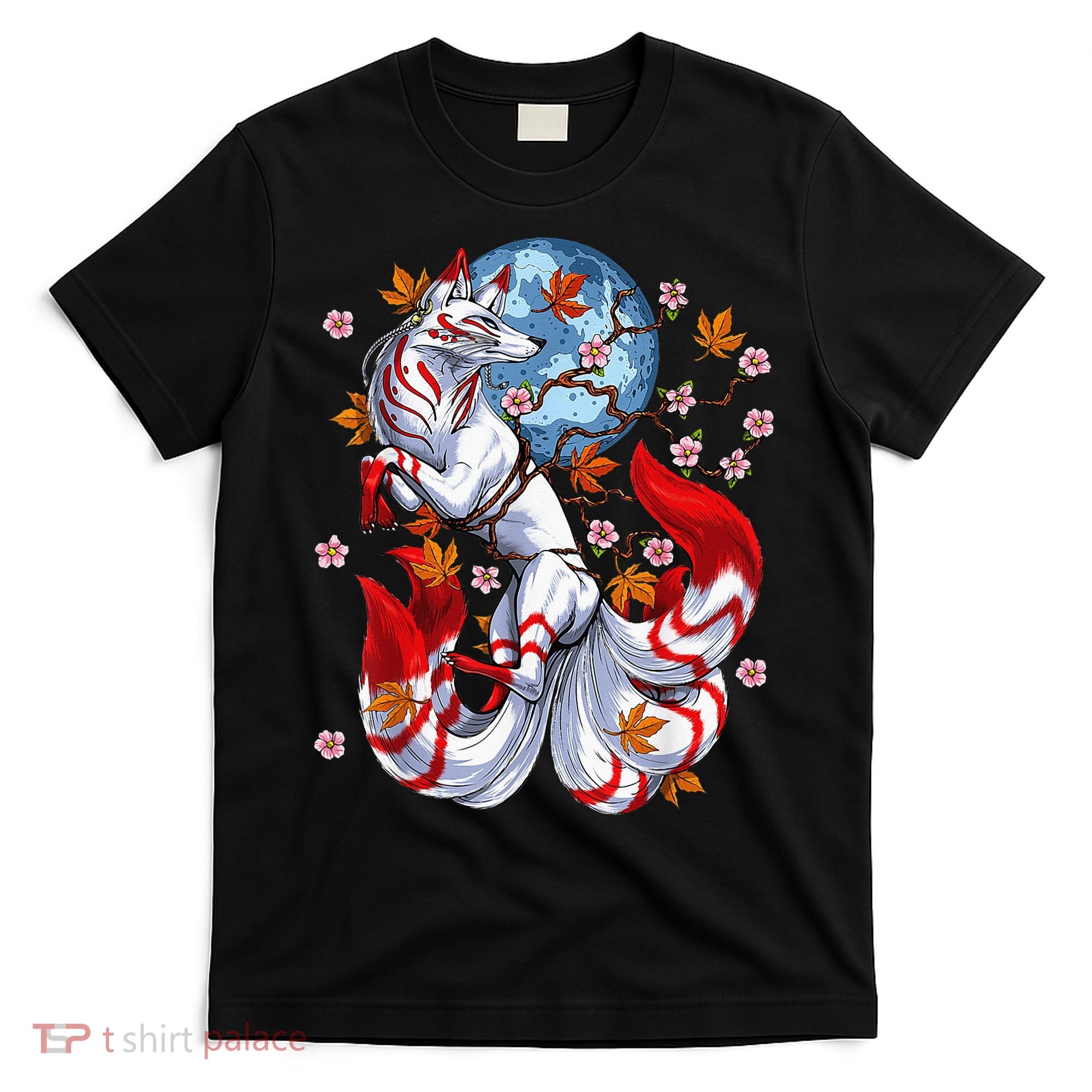 Kitsune Foxs Japanese Nine Tailed Foxs Cherrys Blossom T-Shirt