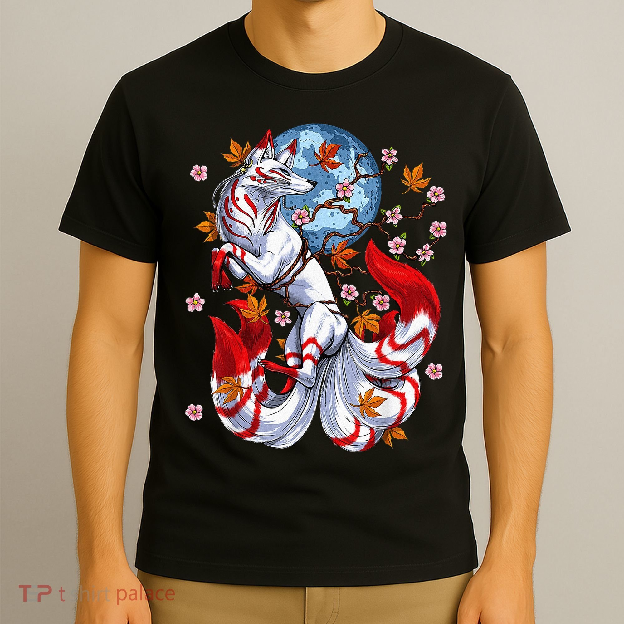 Kitsune Foxs Japanese Nine Tailed Foxs Cherrys Blossom T-Shirt