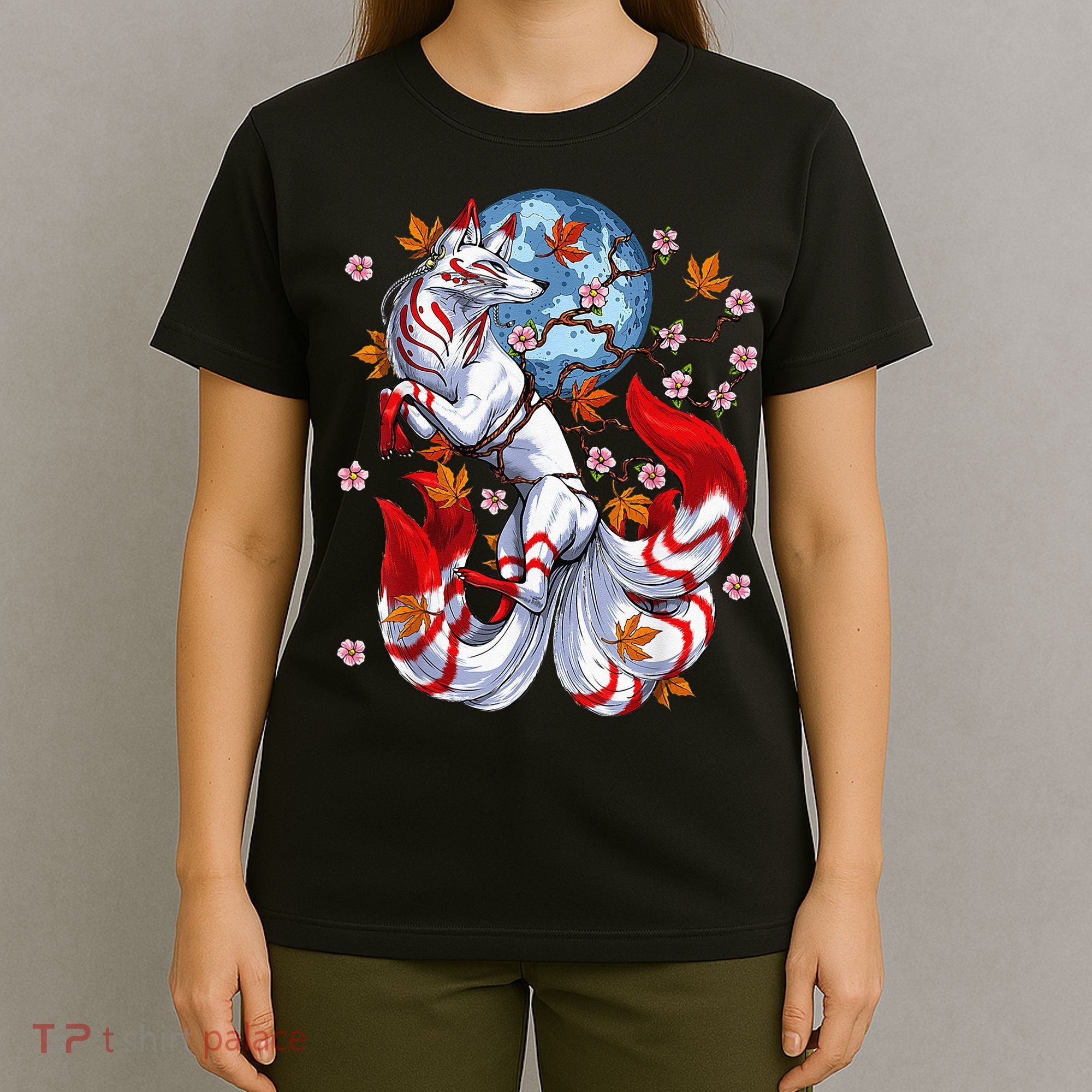 Kitsune Foxs Japanese Nine Tailed Foxs Cherrys Blossom T-Shirt