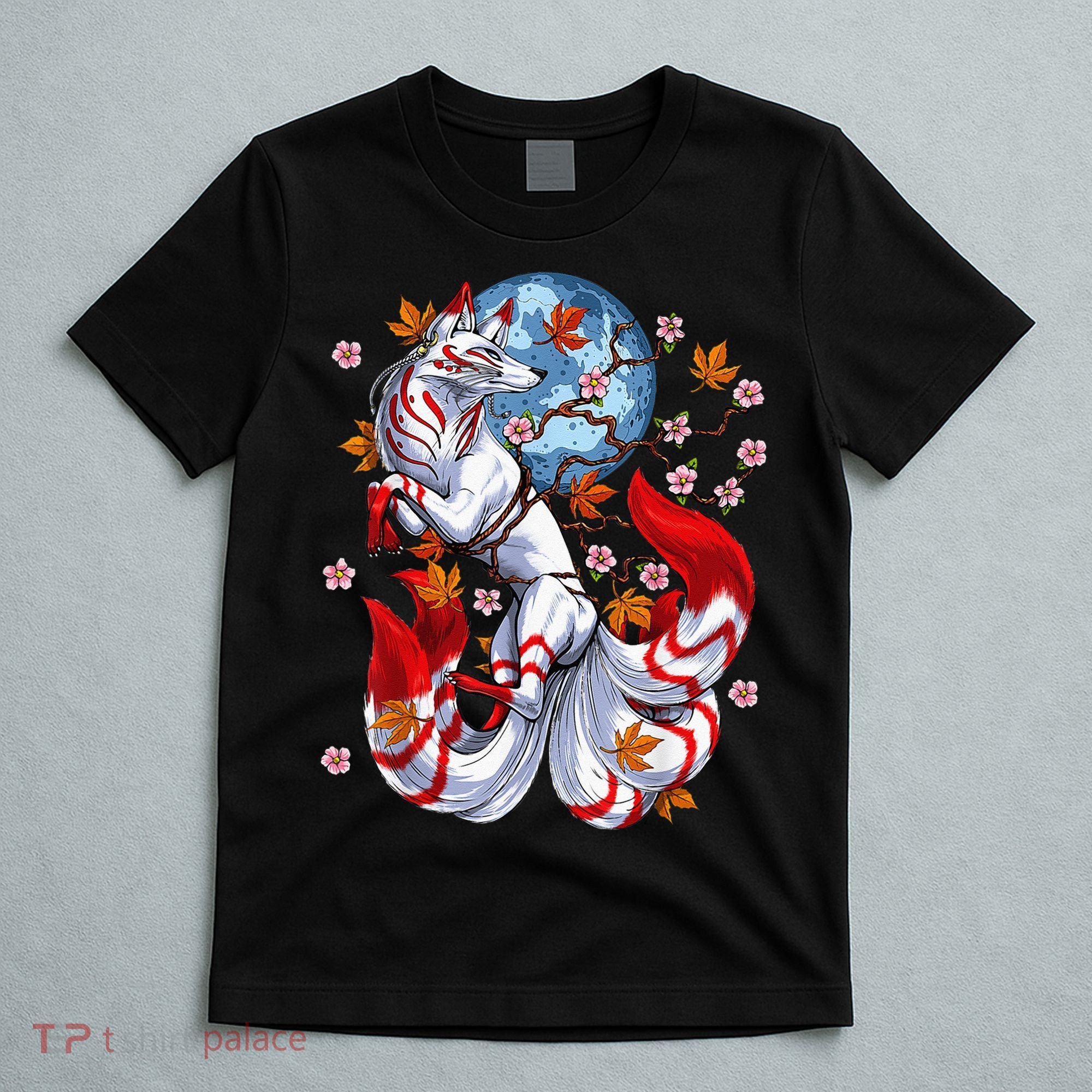 Kitsune Foxs Japanese Nine Tailed Foxs Cherrys Blossom T-Shirt
