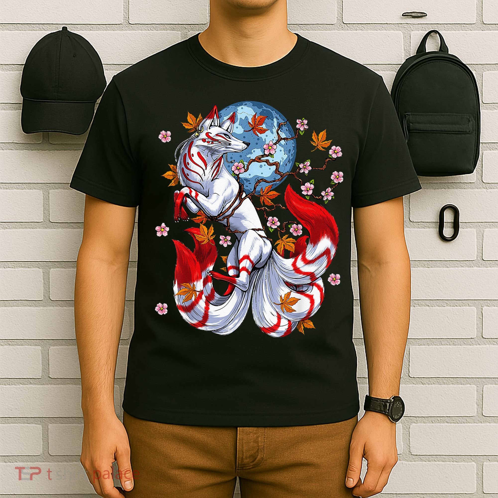 Kitsune Foxs Japanese Nine Tailed Foxs Cherrys Blossom T-Shirt