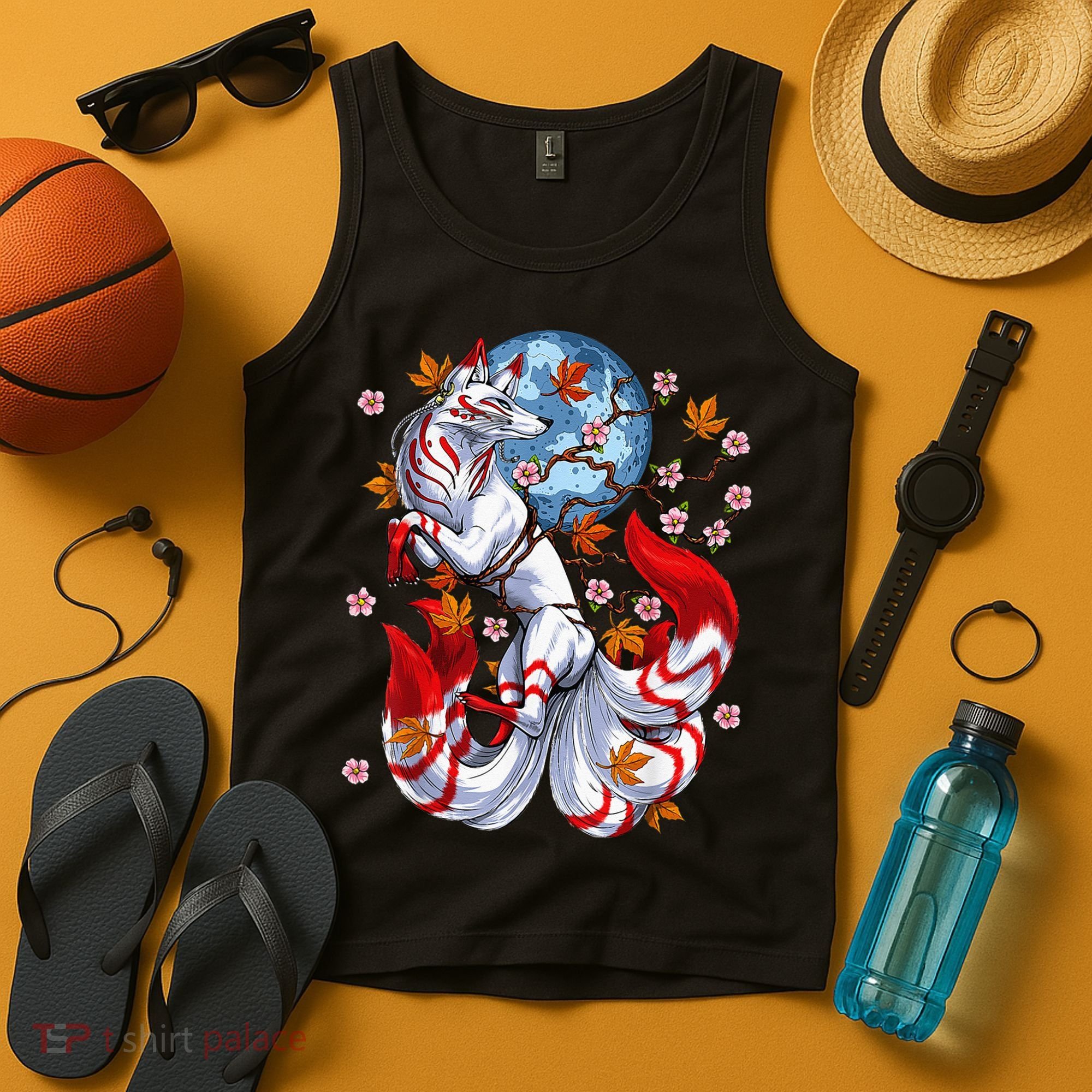 Kitsune Foxs Japanese Nine Tailed Foxs Cherrys Blossom Tank Top