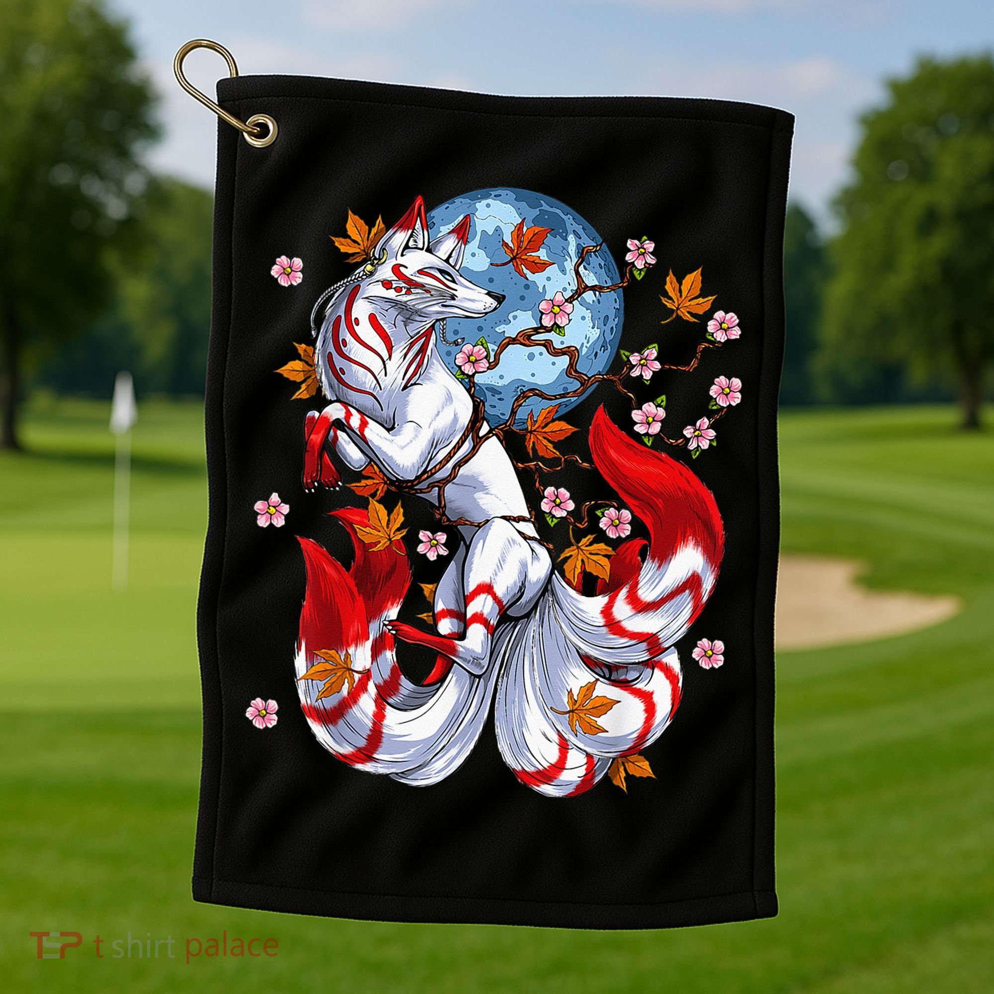 Kitsune Foxs Japanese Nine Tailed Foxs Cherrys Blossom Golf Towel
