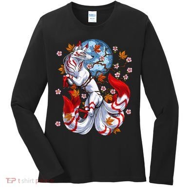 Kitsune Foxs Japanese Nine Tailed Foxs Cherrys Blossom Women's Long Sleeve Shirt