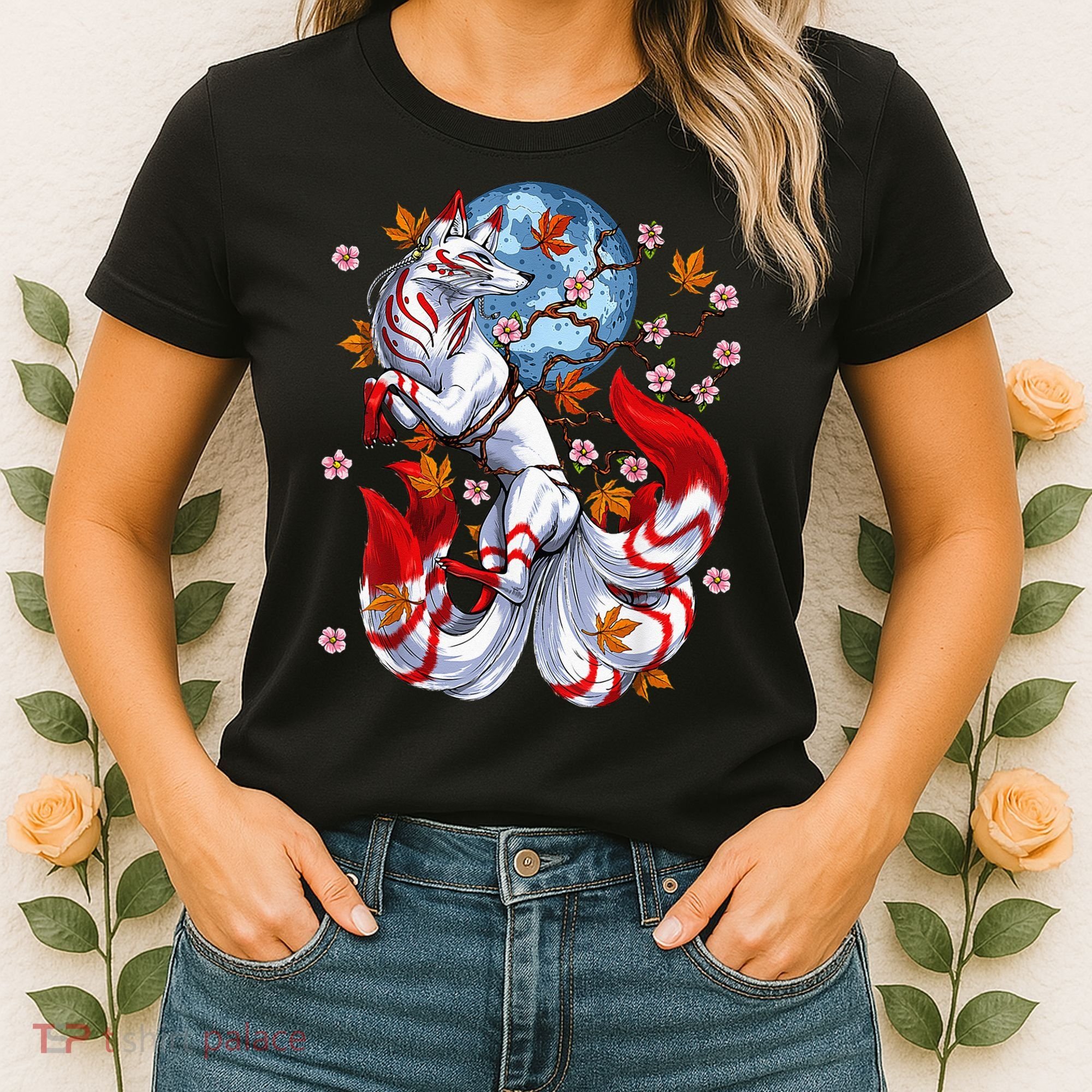 Kitsune Foxs Japanese Nine Tailed Foxs Cherrys Blossom Women's T-Shirt