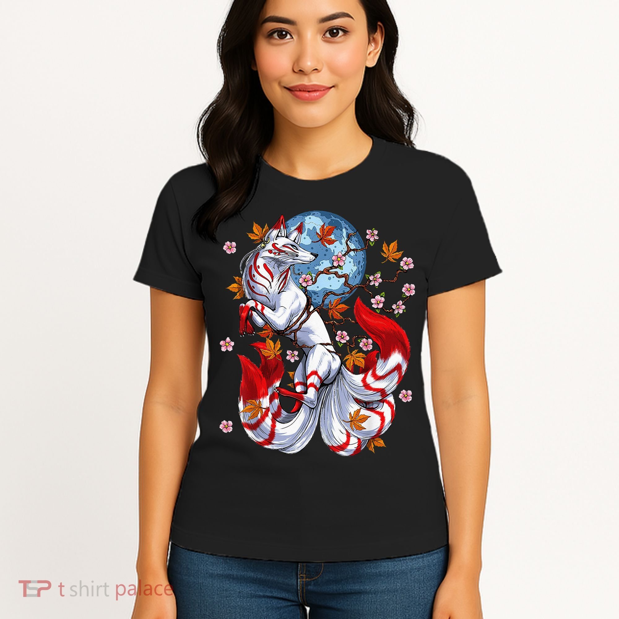 Kitsune Foxs Japanese Nine Tailed Foxs Cherrys Blossom Women's T-Shirt