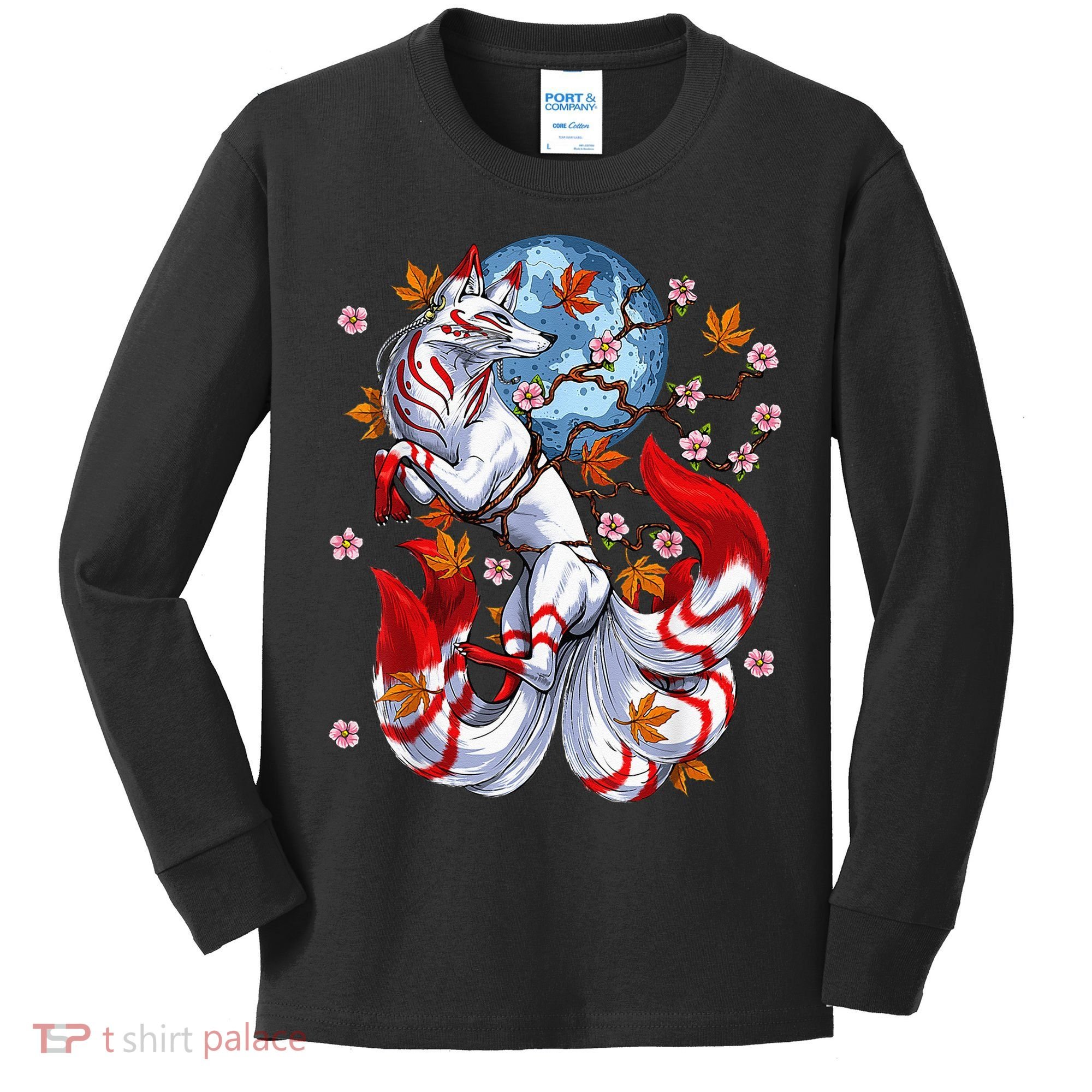 Kitsune Foxs Japanese Nine Tailed Foxs Cherrys Blossom Kids Long Sleeve Shirt