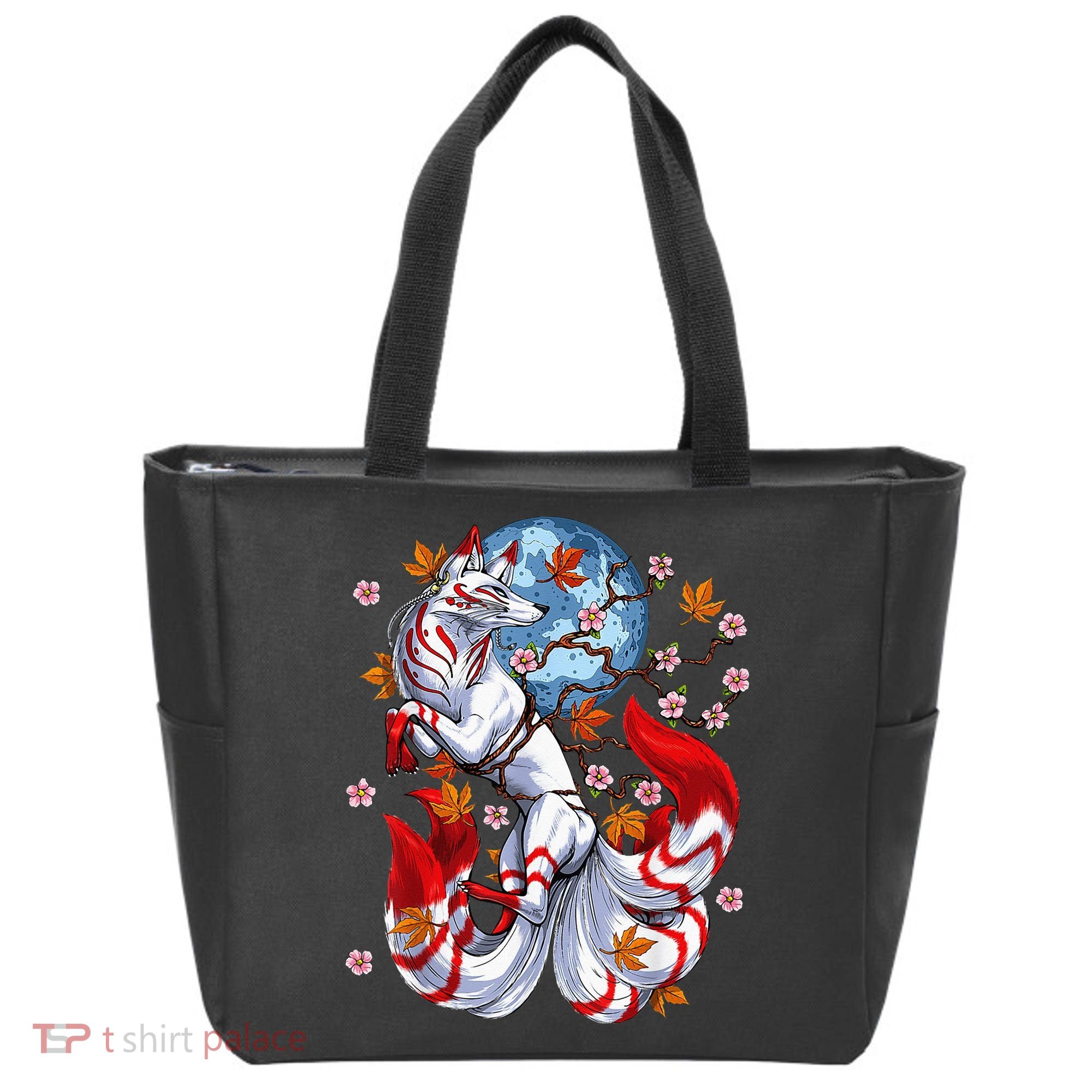 Kitsune Foxs Japanese Nine Tailed Foxs Cherrys Blossom Tote Bag