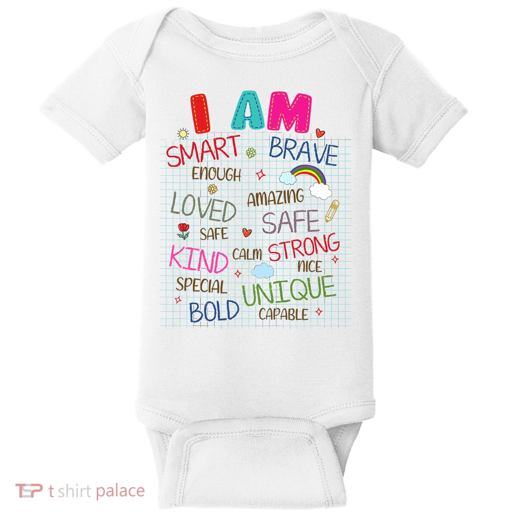 Kids Funny Positive Affirmation Inspiration Girl Boy I Am Kind Baby Bodysuit