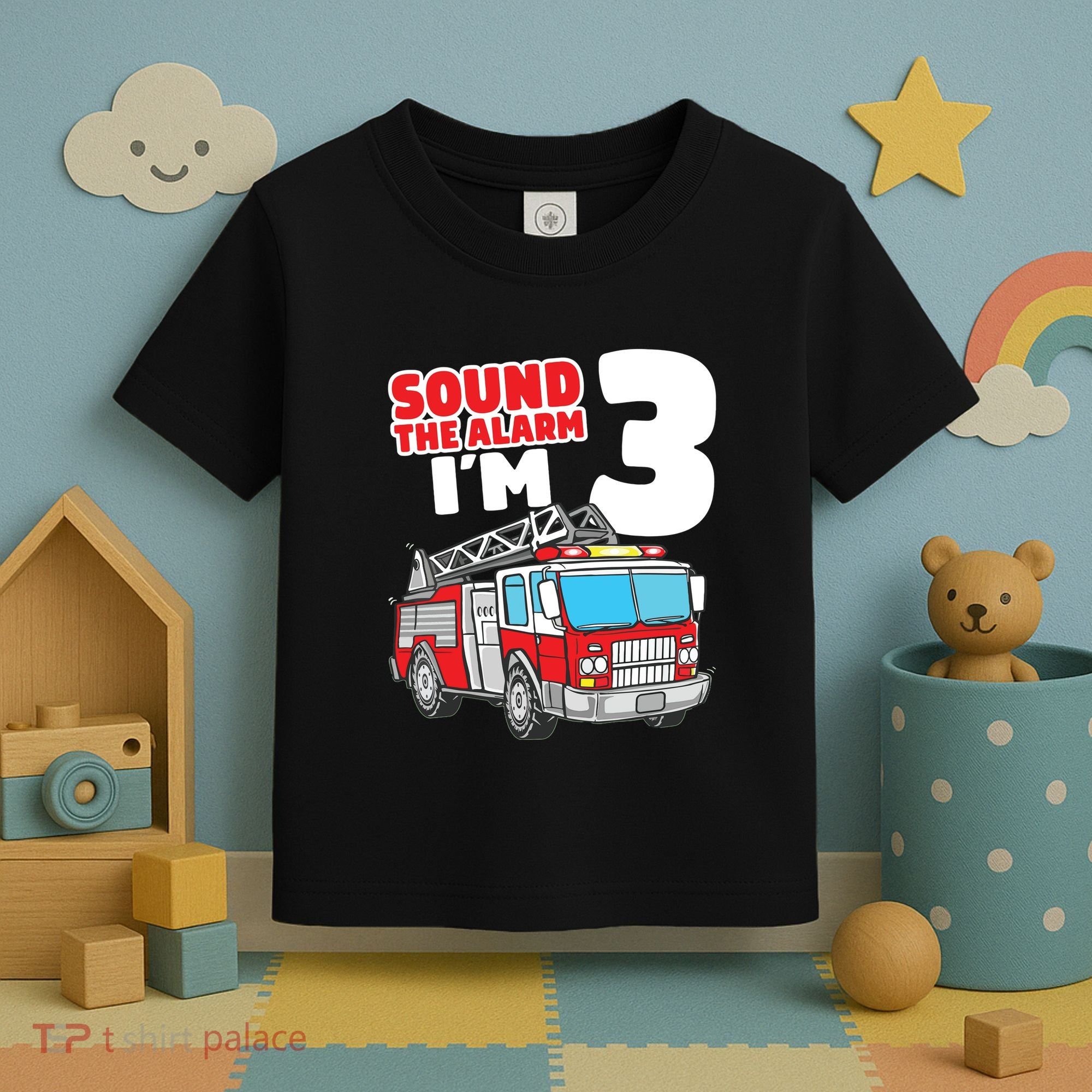 Kids Fire Truck 3 Year Old Firefighter 3rd Birthday Boy Toddler T-Shirt