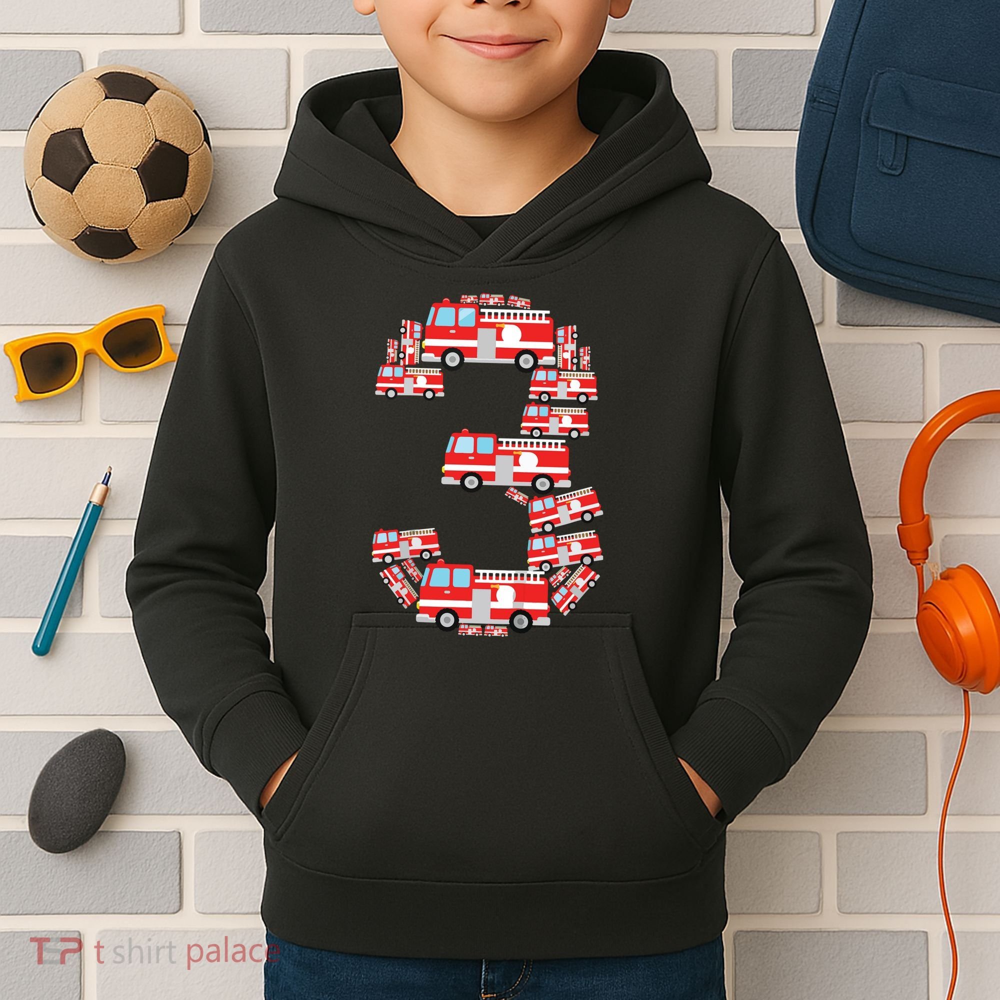 Kids Fire Truck 3rd Birthday Boy 3 Year Old Firefighter Kids Hoodie