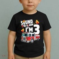 Kids Fire Truck 3rd Birthday Boy Firefighter 3 Year Old Toddler T-Shirt thumb 2