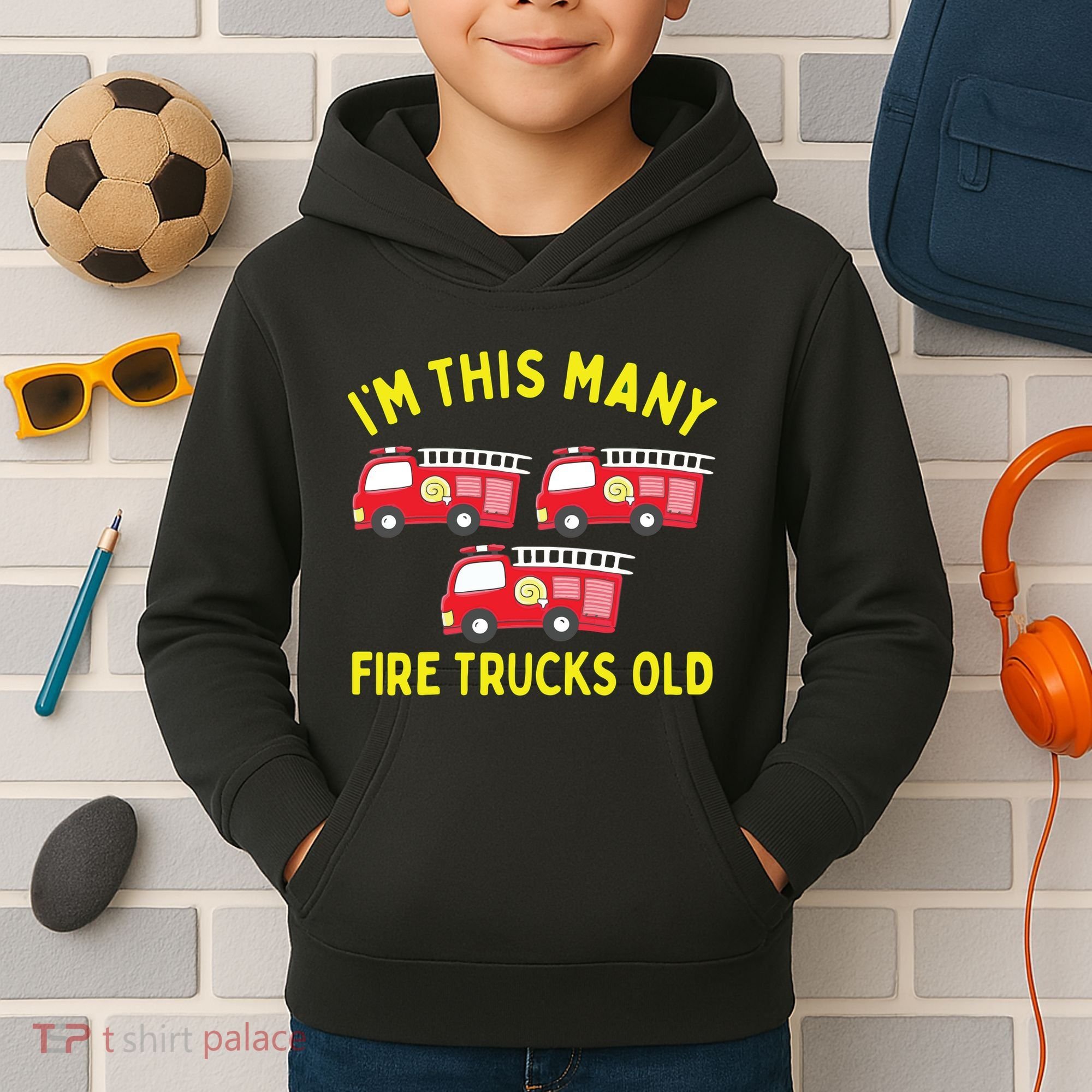 Kids Fire Truck 3rd Birthday Boy Firefighter 3 Three Kids Hoodie
