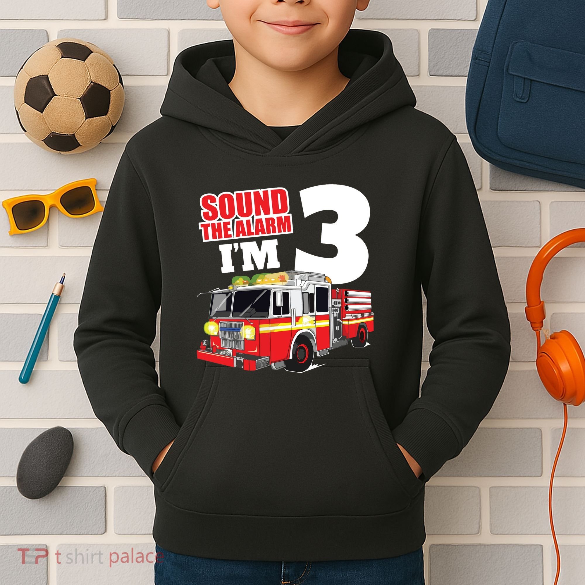 Kids Fire Truck 3rd Birthday Boy Firefighter Kids Hoodie