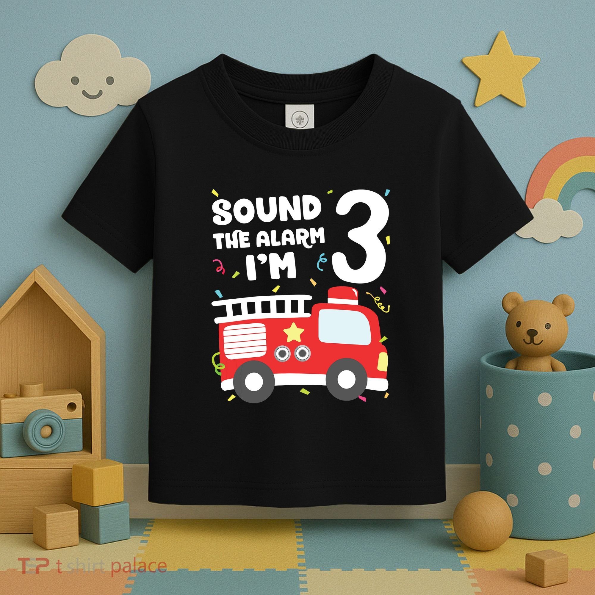 Kids Fire Truck 3rd Birthday Boy Firefighter 3 Year Old Toddler T-Shirt