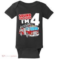 Kids Fire Truck 4 Year Old Firefighter Four 4th Birthday Boy Baby Bodysuit thumb 0