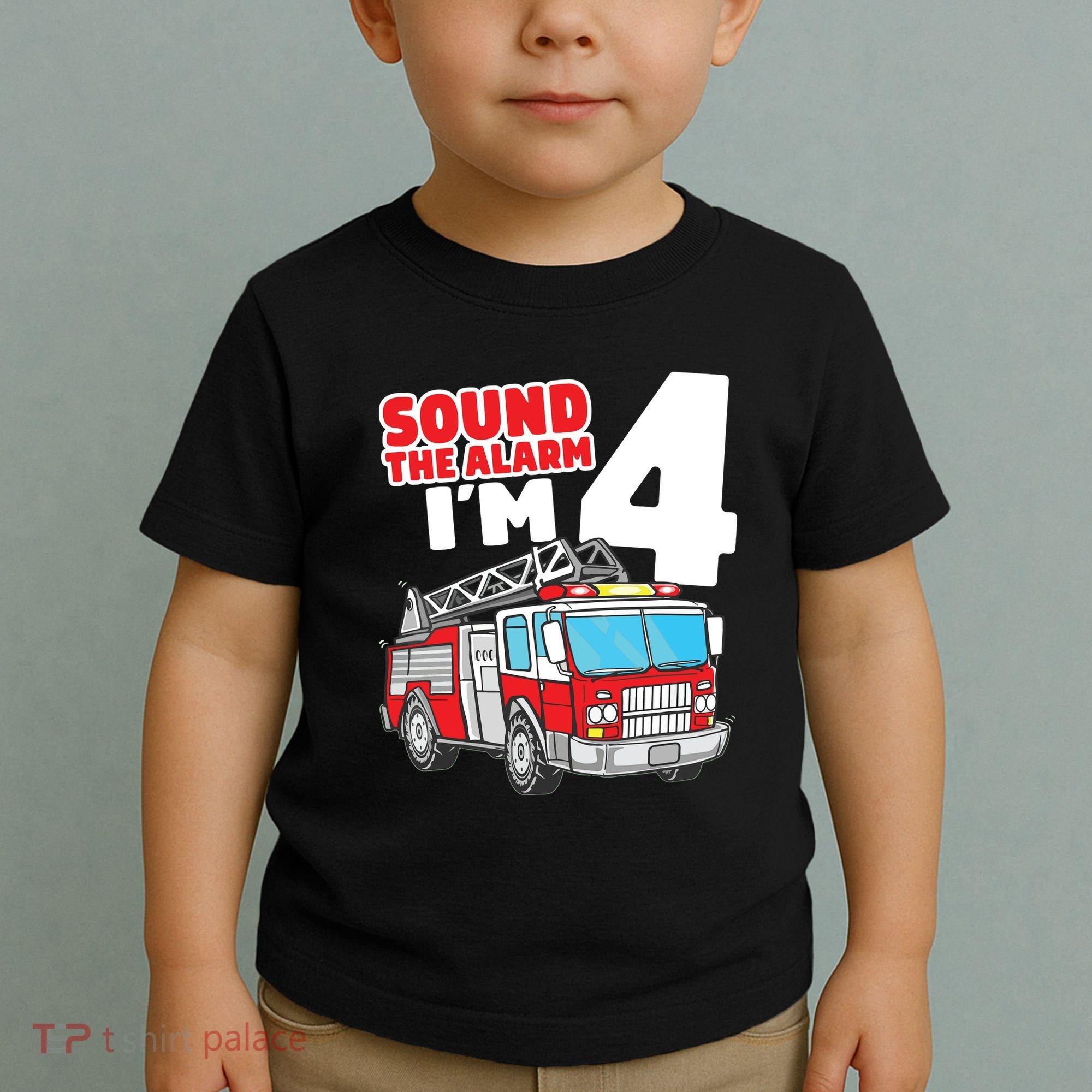 Kids Fire Truck 4 Year Old Firefighter Four 4th Birthday Boy Toddler T-Shirt