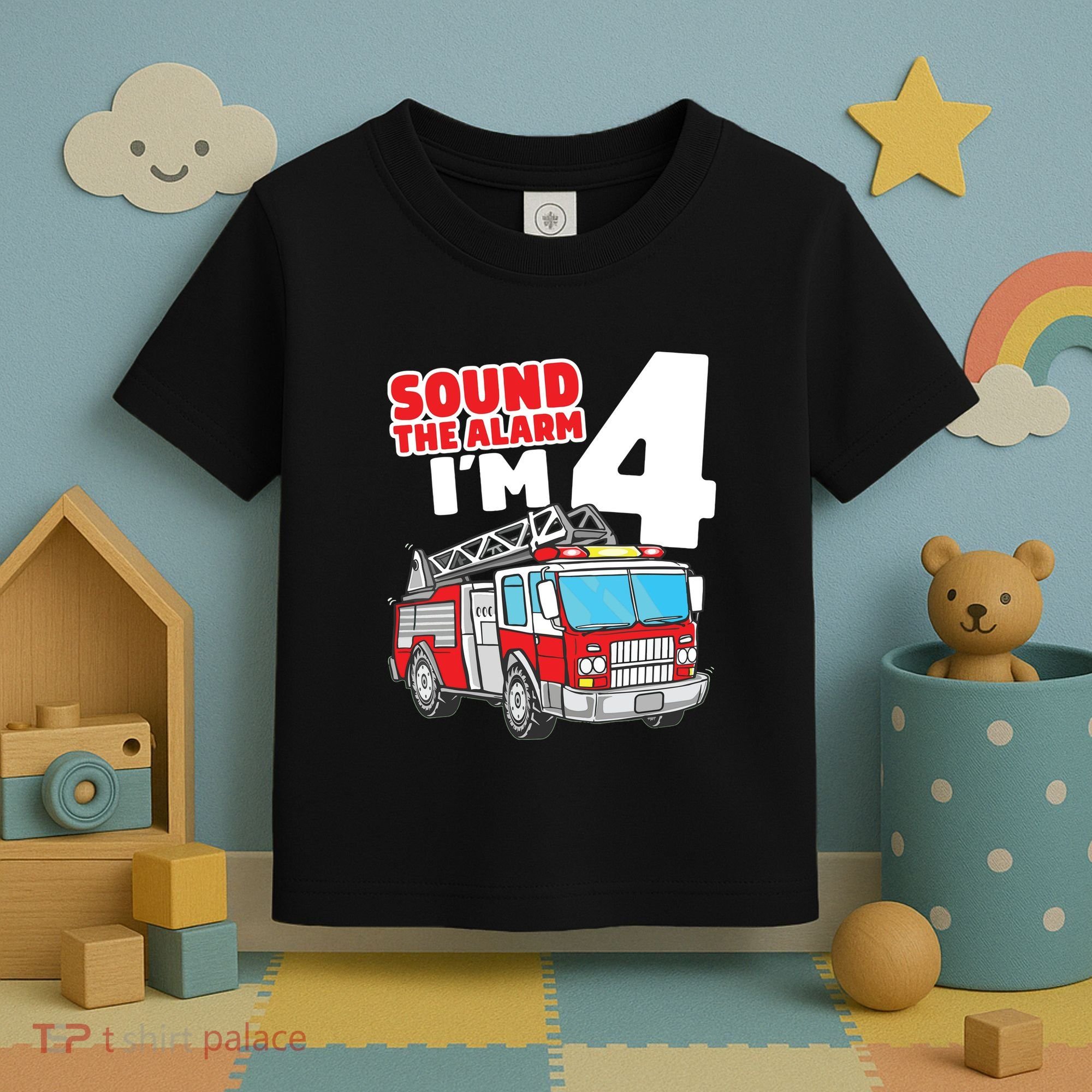 Kids Fire Truck 4 Year Old Firefighter Four 4th Birthday Boy Toddler T-Shirt
