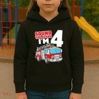 Kids Fire Truck 4 Year Old Firefighter Four 4th Birthday Boy Kids Hoodie thumb 3