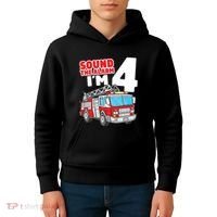 Kids Fire Truck 4 Year Old Firefighter Four 4th Birthday Boy Kids Hoodie thumb 4
