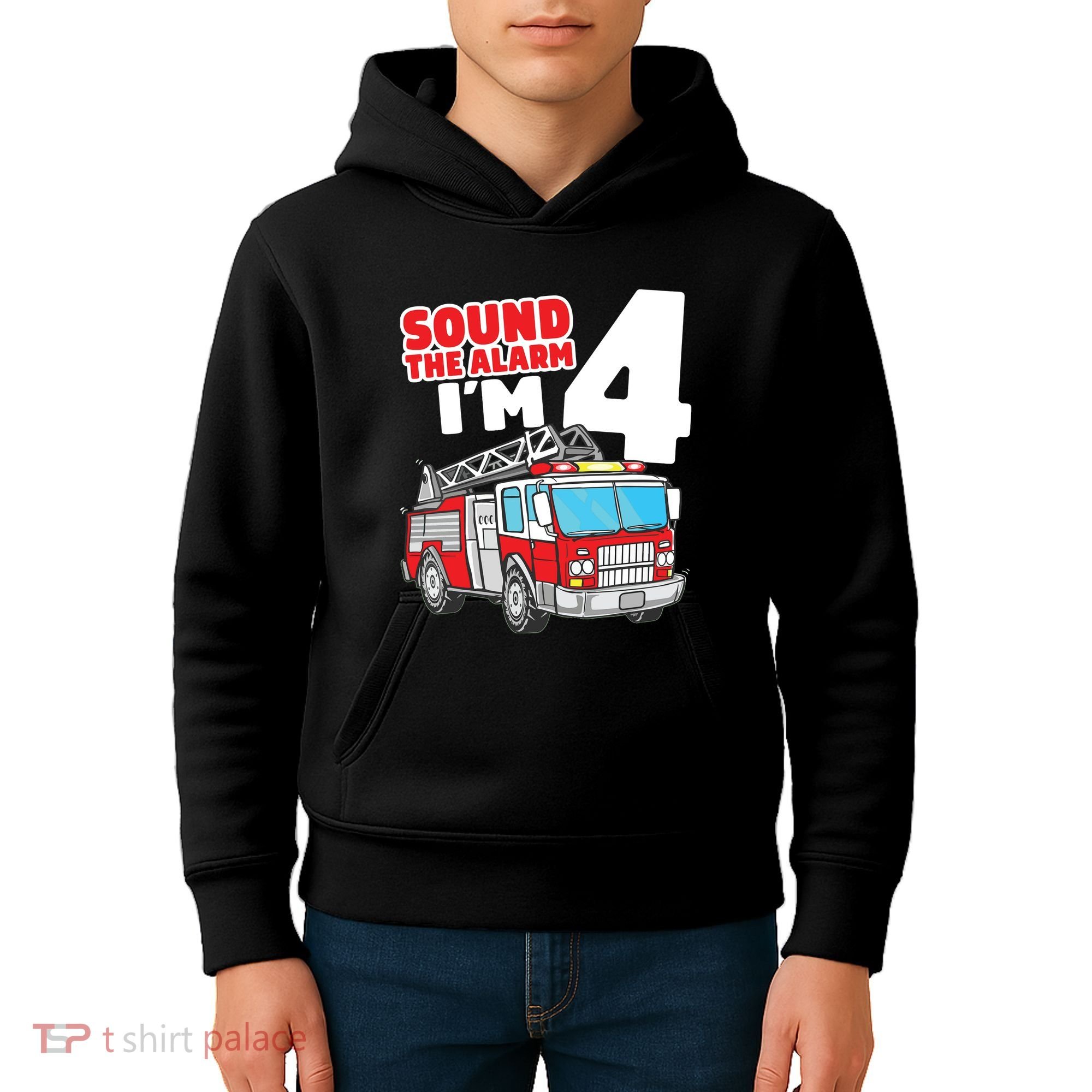 Kids Fire Truck 4 Year Old Firefighter Four 4th Birthday Boy Kids Hoodie