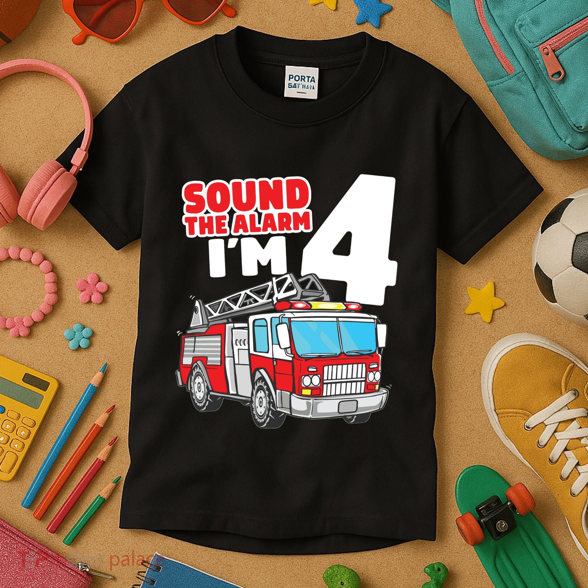 Kids Fire Truck 4 Year Old Firefighter Four 4th Birthday Boy Kids T-Shirt