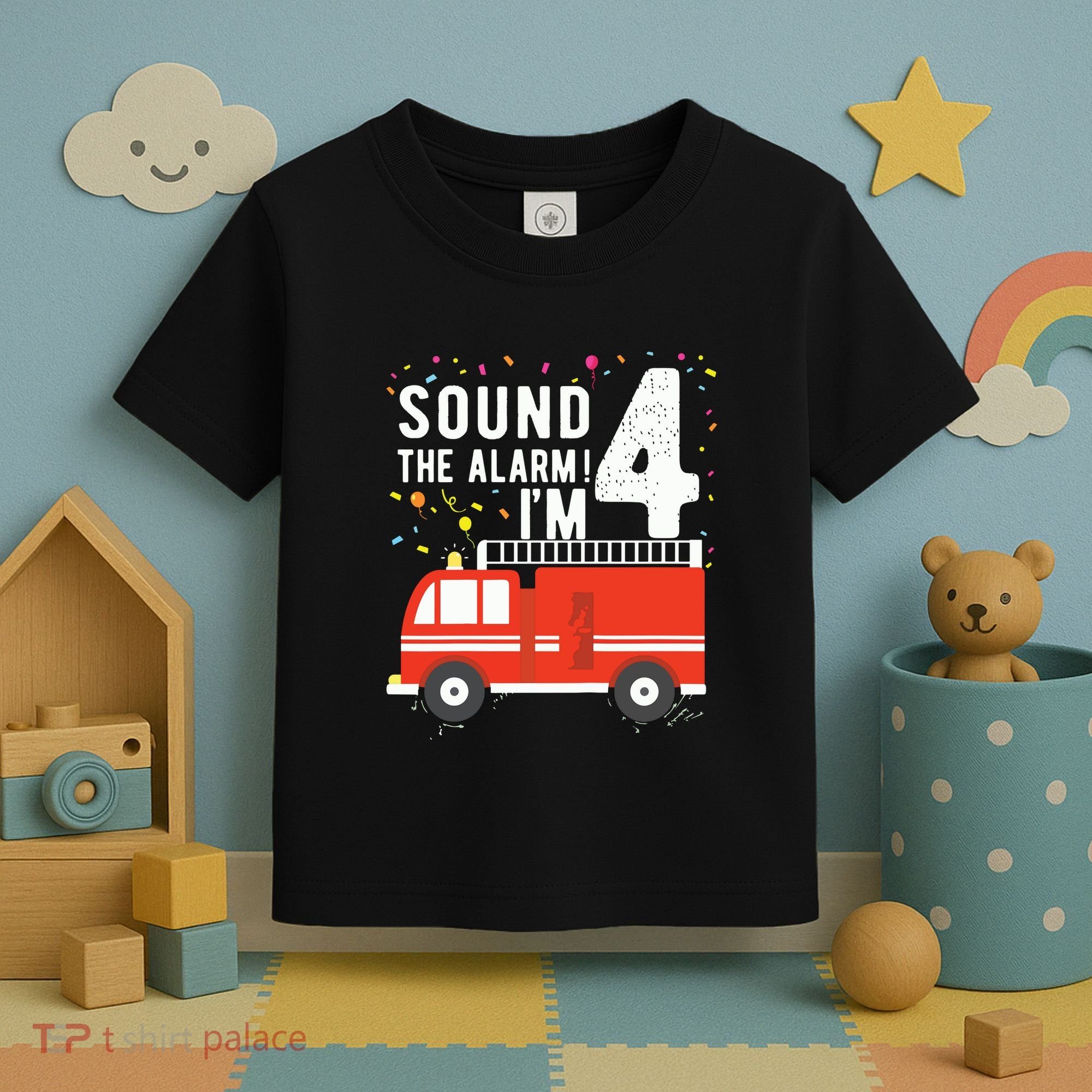 Kids Fire Truck 4th Birthday Boy 4 Year Old Firefighter Toddler T-Shirt