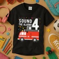 Kids Fire Truck 4th Birthday Boy 4 Year Old Firefighter Kids T-Shirt thumb 3