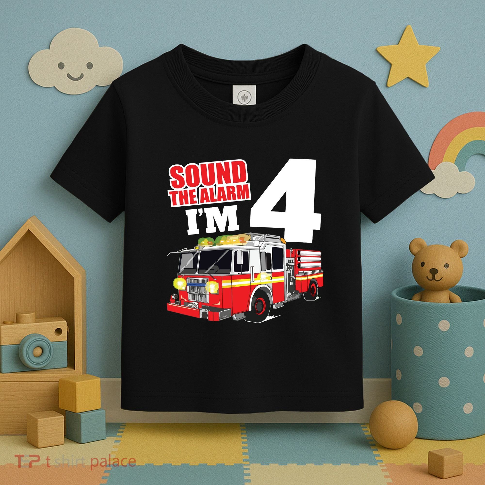 Kids Fire Truck 4th Birthday Boy Firefighter 4 Year Old Toddler T-Shirt