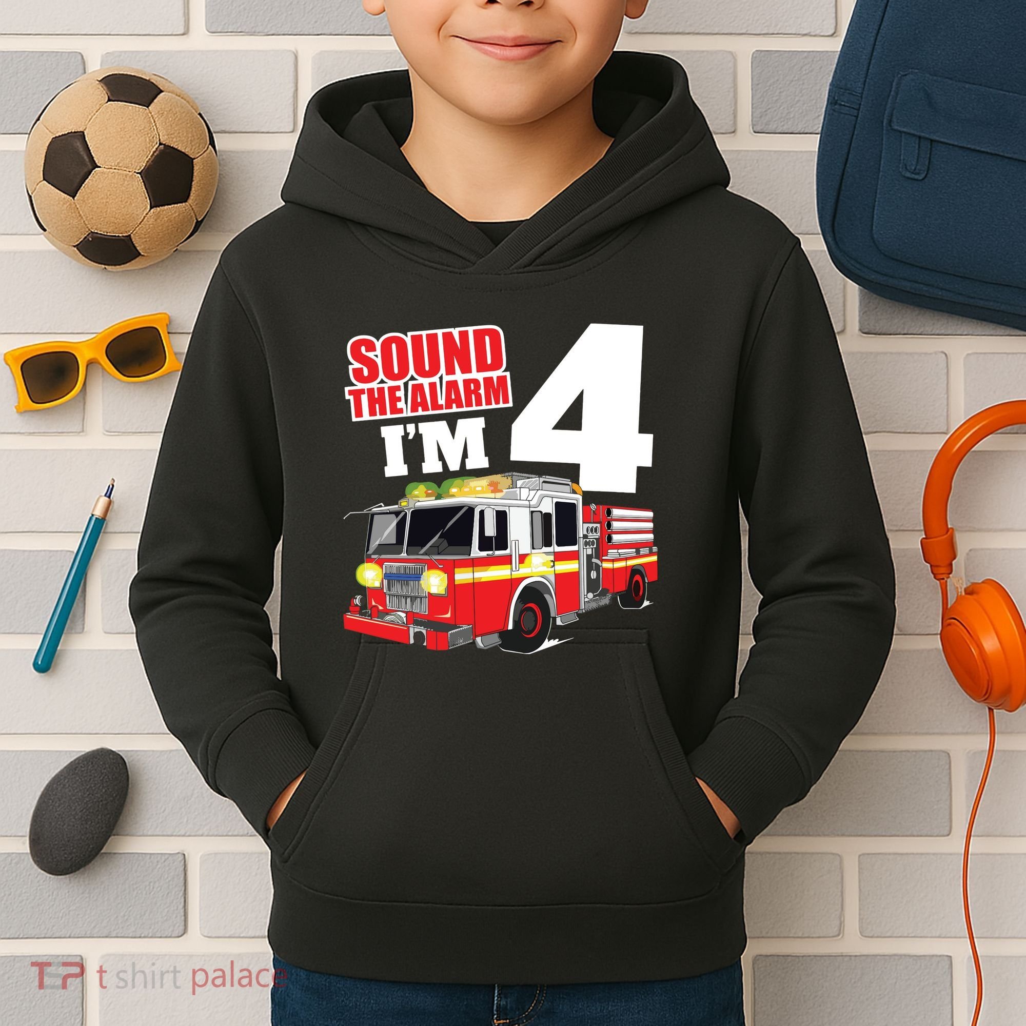 Kids Fire Truck 4th Birthday Boy Firefighter 4 Year Old Kids Hoodie