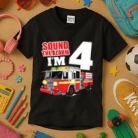 Kids Fire Truck 4th Birthday Boy Firefighter 4 Year Old Kids T-Shirt thumb 3
