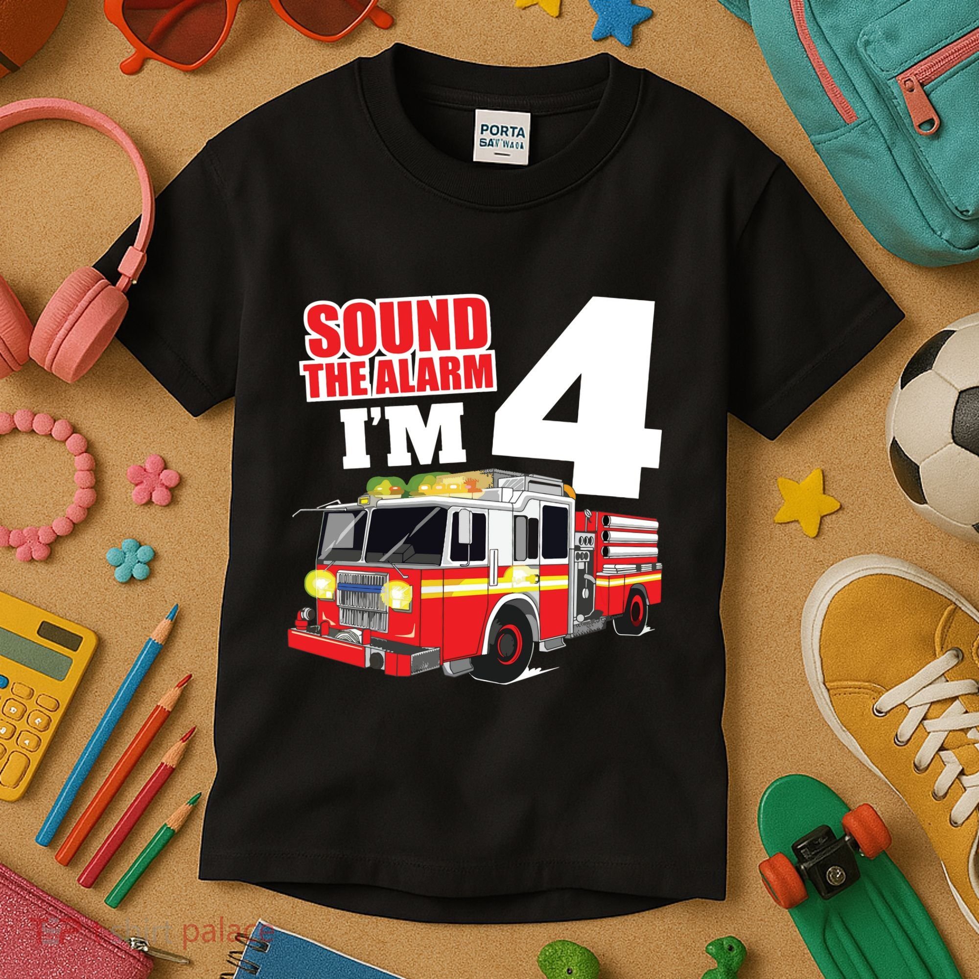 Kids Fire Truck 4th Birthday Boy Firefighter 4 Year Old Kids T-Shirt
