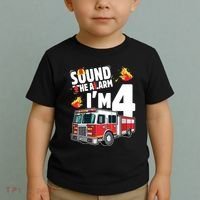 Kids Fire Truck 4th Birthday Boy Firefighter 4 Year Old Toddler T-Shirt thumb 2