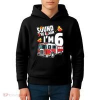 Kids Fire Truck 6th Birthday Boy Firefighter 6 Year Old Kids Hoodie thumb 4