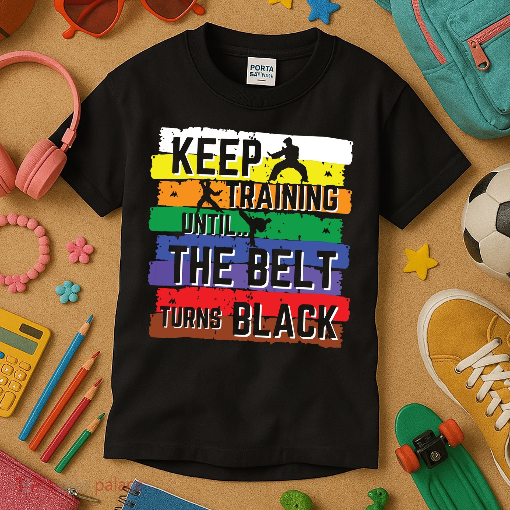 Karate Gifts Keep Training Until The Belt Turns Black Girl Kids T-Shirt