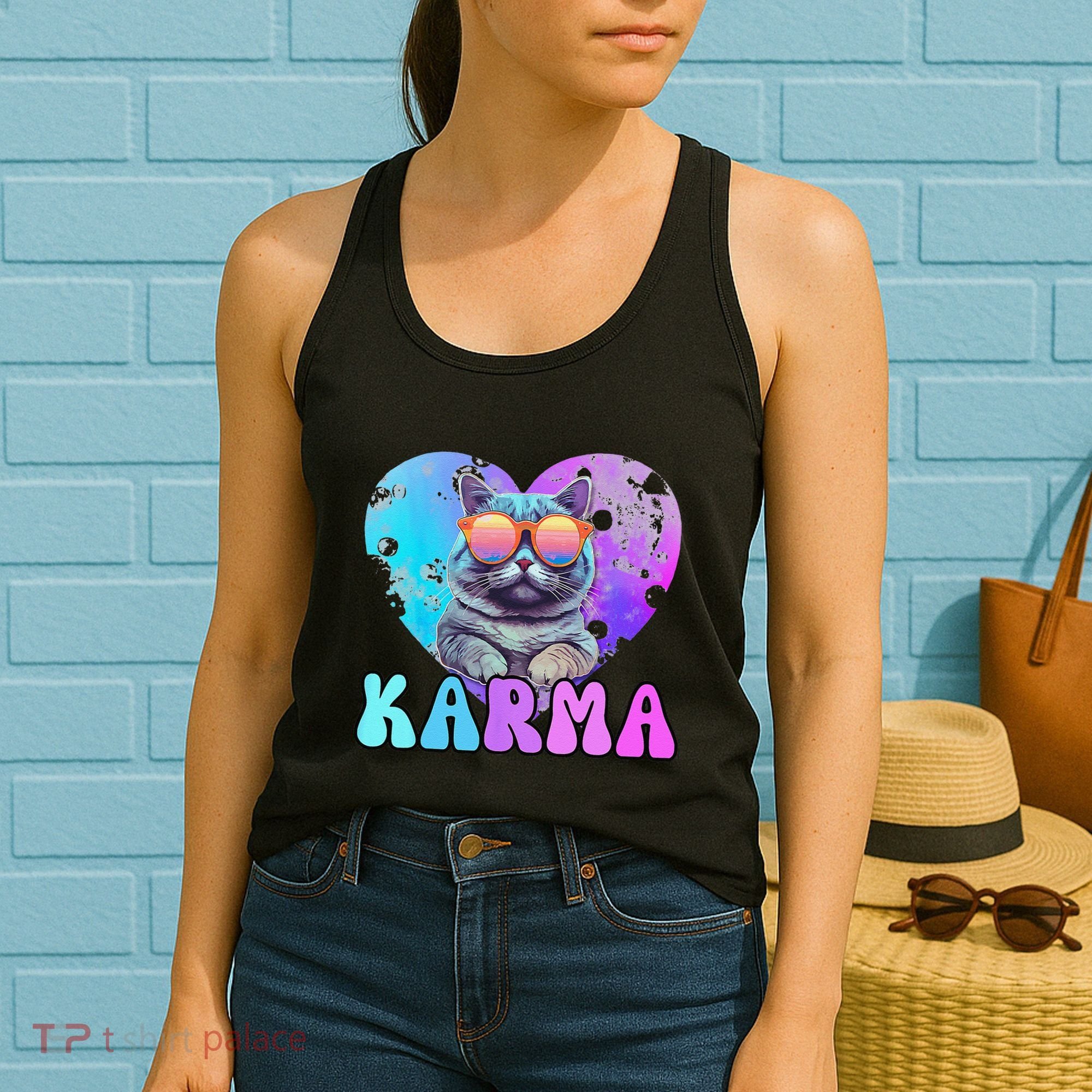 Karma Groovy Letters Concert Summer Funny Heart Cat Lover Women's Tank Top