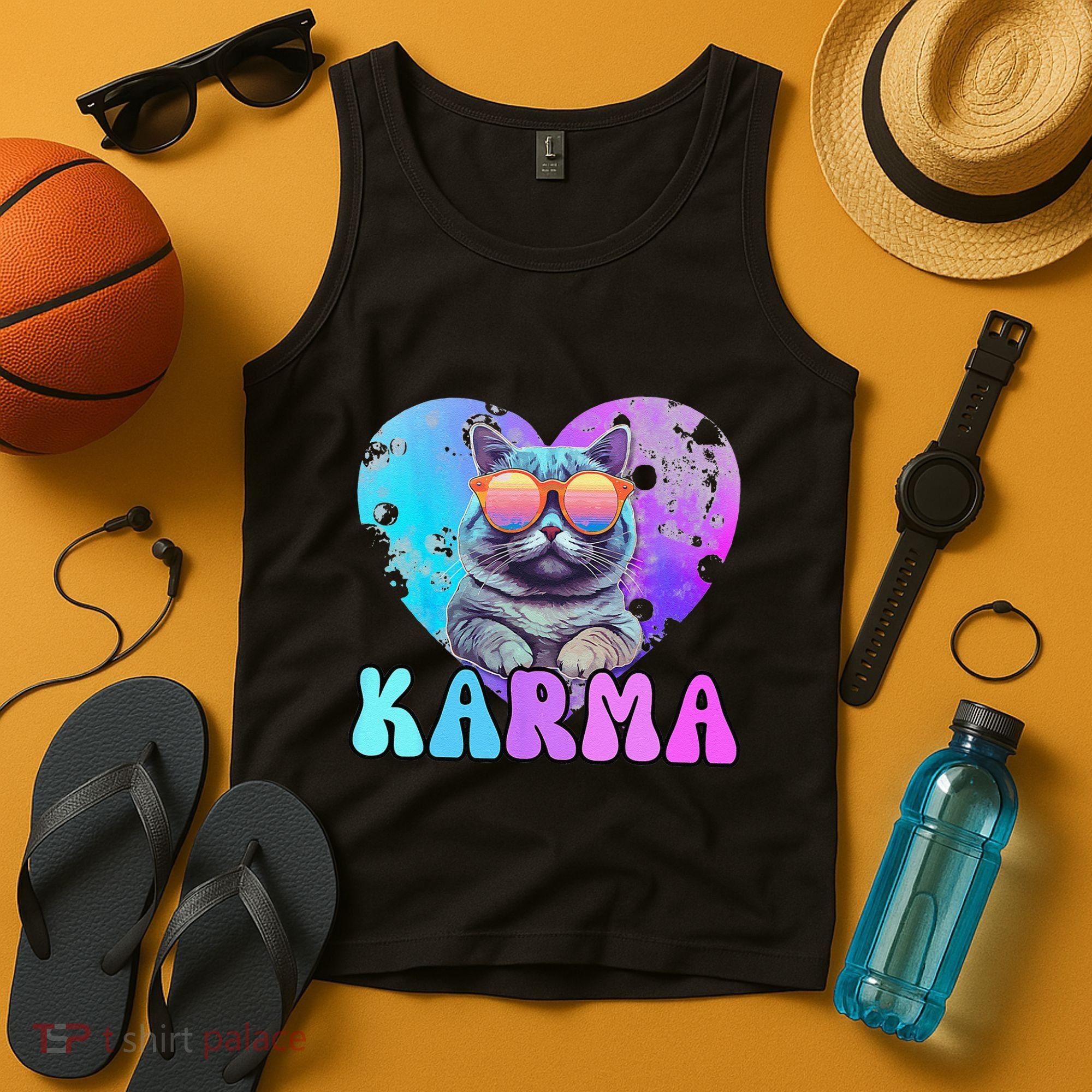 Karma Groovy Letters Concert Summer Funny Heart Cat Lover Tank Top