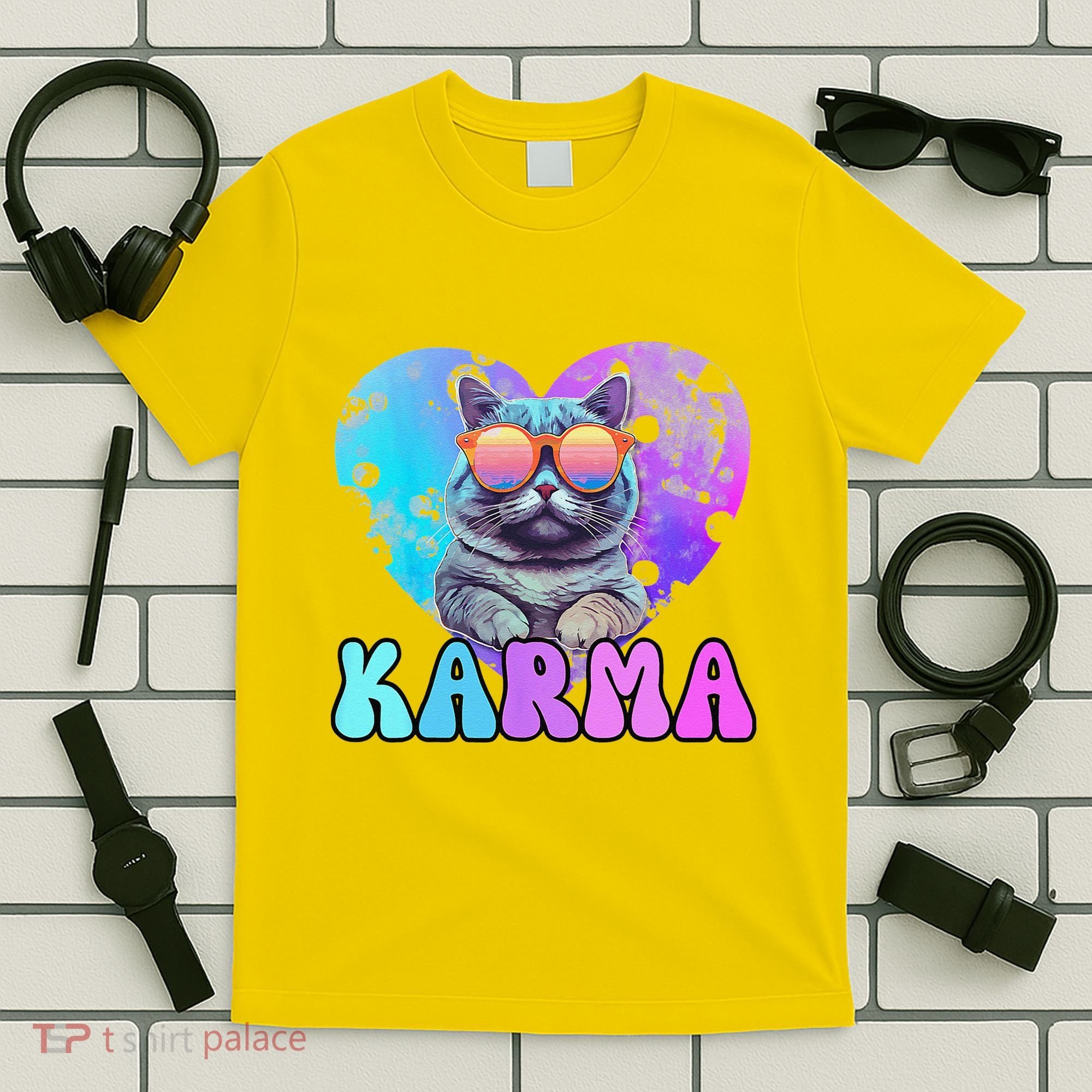 Karma Groovy Letters Concert Summer Funny Heart Cat Lover T-Shirt