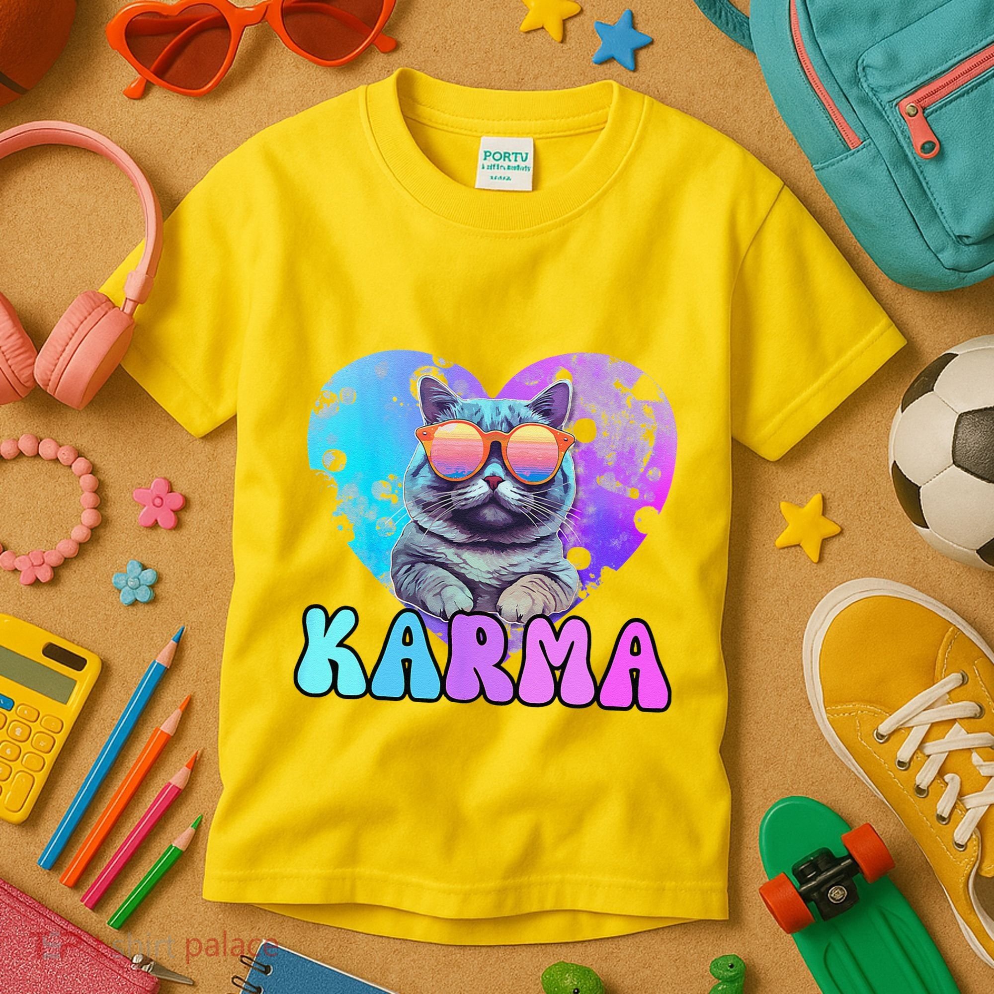 Karma Groovy Letters Concert Summer Funny Heart Cat Lover Kids T-Shirt