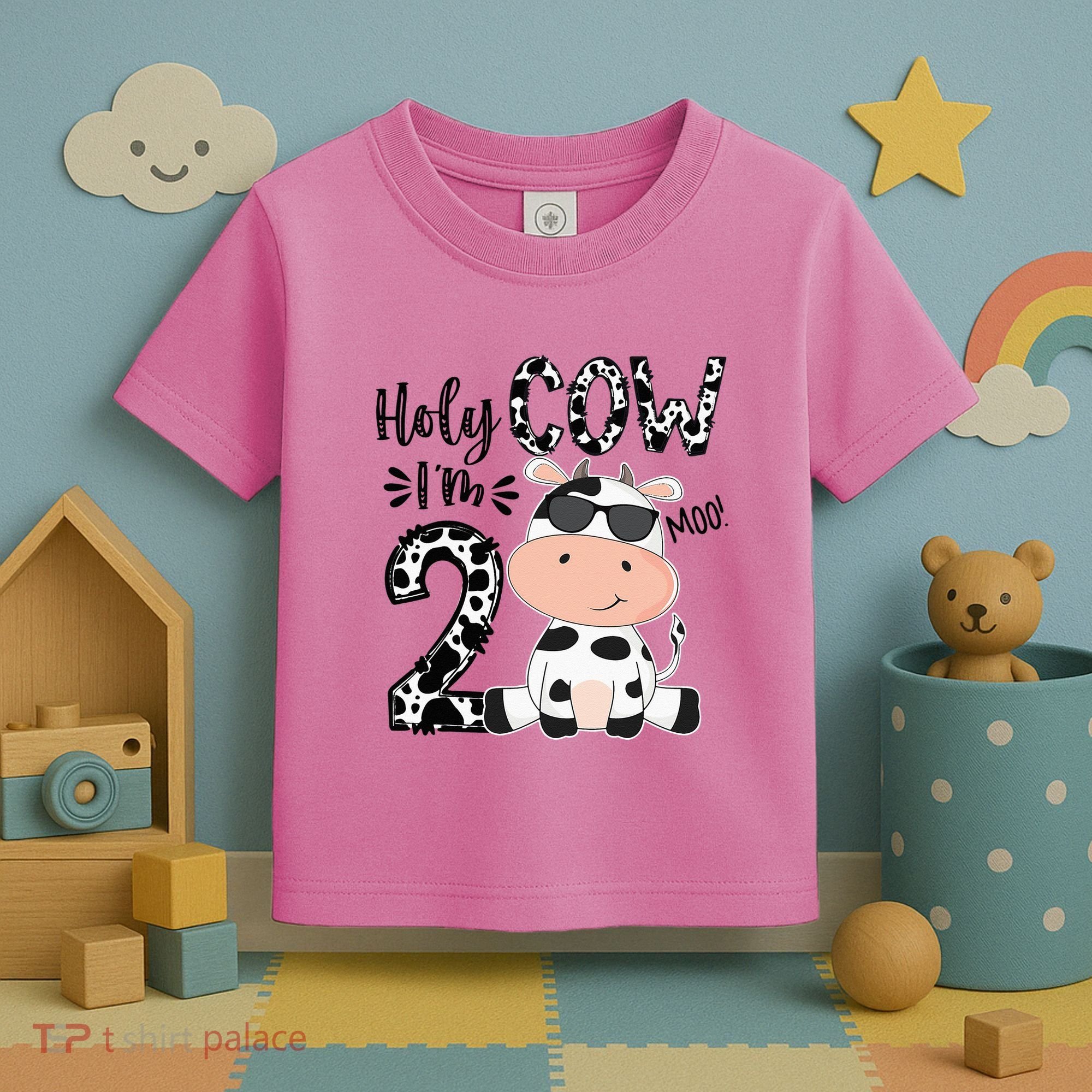 Kids Holy Cow Im 2 Birthday Boy 2nd Cow Farm Animals Bday Toddler T-Shirt