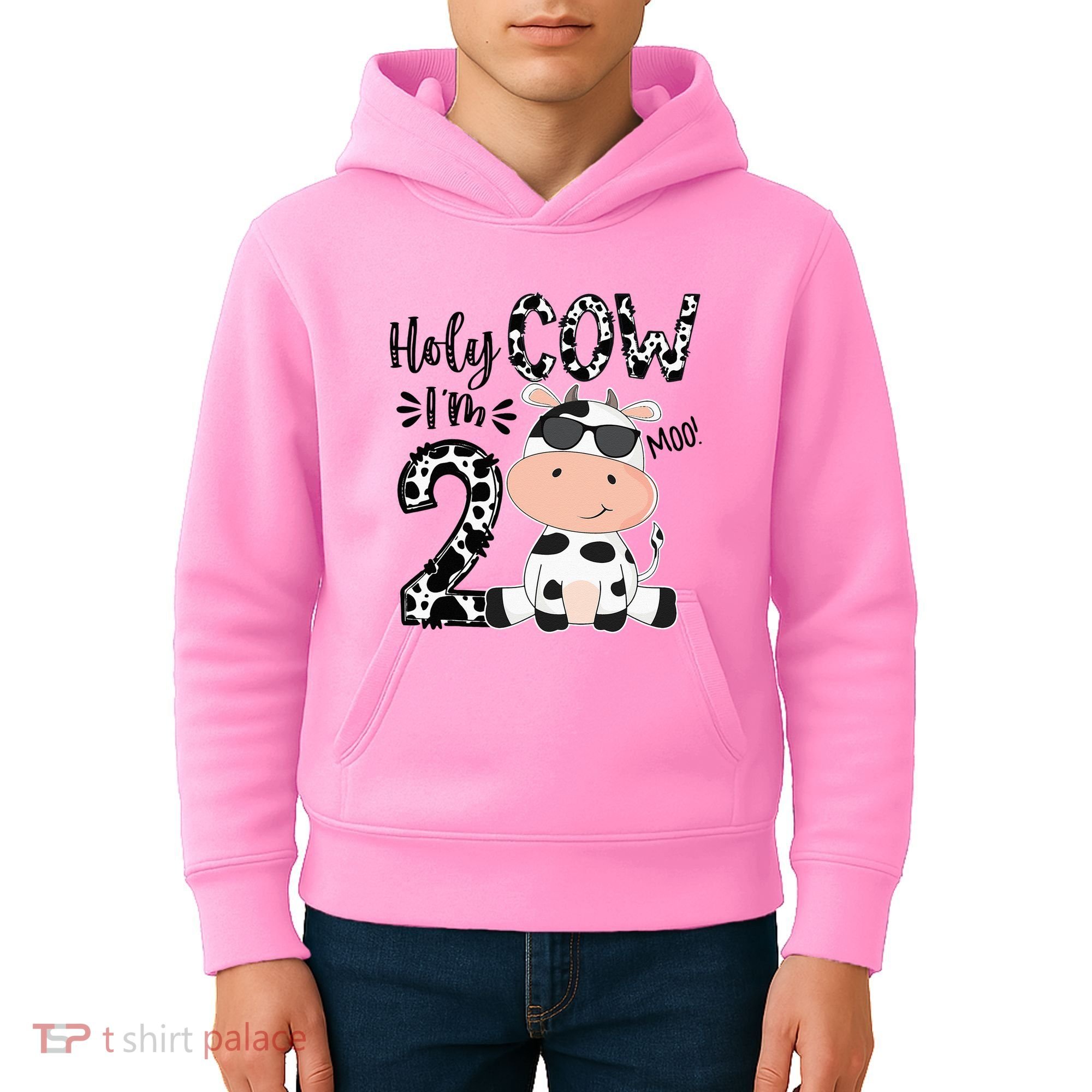 Kids Holy Cow Im 2 Birthday Boy 2nd Cow Farm Animals Bday Kids Hoodie