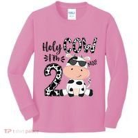 Kids Holy Cow Im 2 Birthday Boy 2nd Cow Farm Animals Bday Kids Long Sleeve Shirt thumb 0