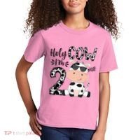 Kids Holy Cow Im 2 Birthday Boy 2nd Cow Farm Animals Bday Kids T-Shirt thumb 2