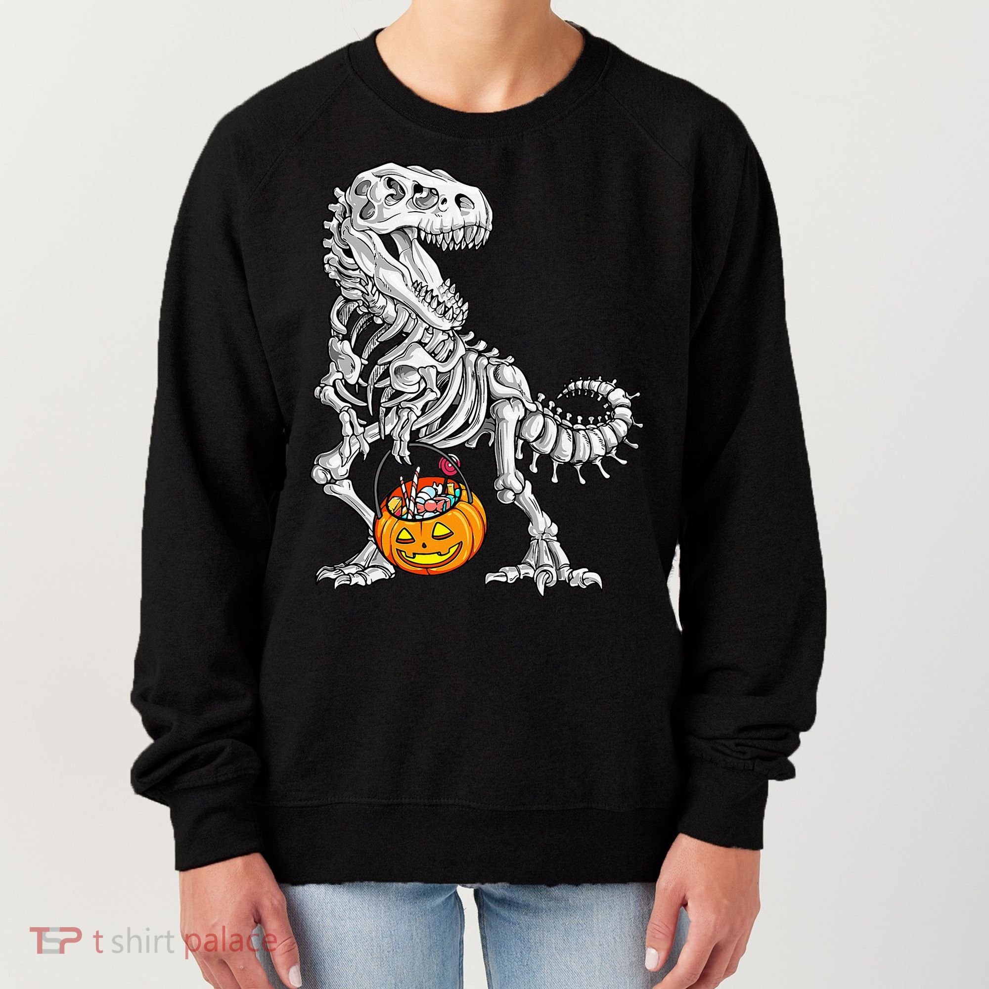 Kids Halloween Dinosaur Skeleton T Rex Funny Pumpkin Women's Sweatshirt